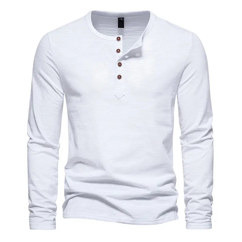 Long Sleeve T-shirt Men's Bamboo Cotton Solid Color Four Button Henry Collar