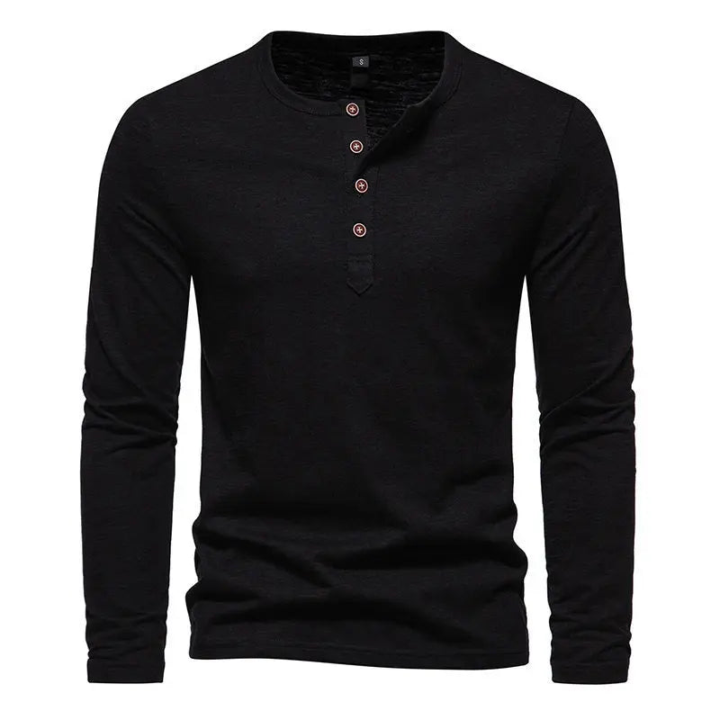 Long Sleeve T-shirt Men's Bamboo Cotton Solid Color Four Button Henry Collar