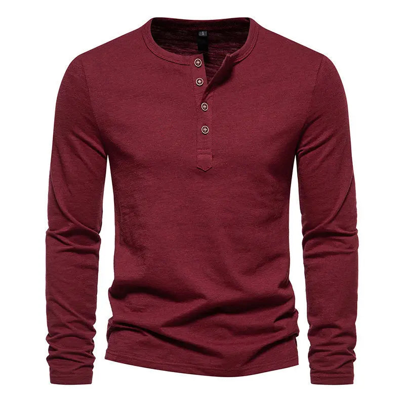 Long Sleeve T-shirt Men's Bamboo Cotton Solid Color Four Button Henry Collar