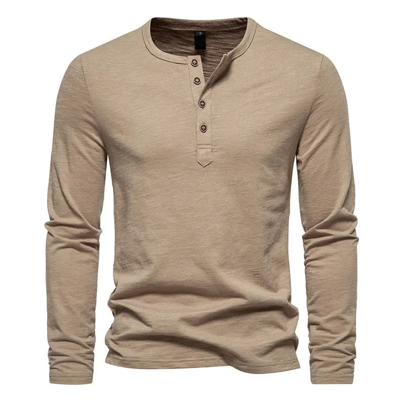 Long Sleeve T-shirt Men's Bamboo Cotton Solid Color Four Button Henry Collar