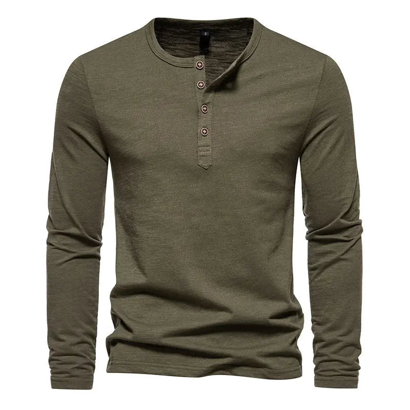 Long Sleeve T-shirt Men's Bamboo Cotton Solid Color Four Button Henry Collar