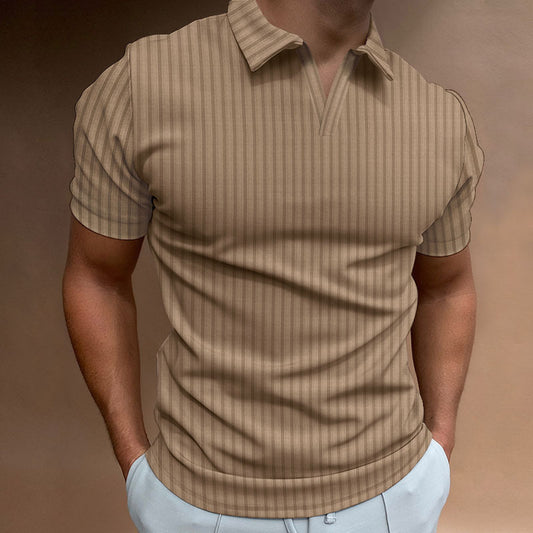 New Polo Shirt Lapel V-line Striped Short-sleeved Men's T-shirt - Old Money Classic